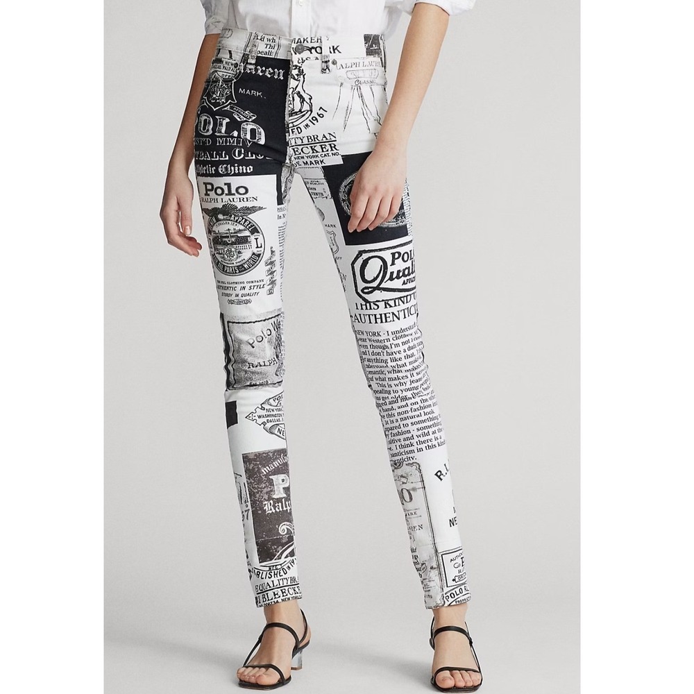 Polo Ralph Lauren Newspaper Print Tompkins High Rise Skinny Ankle Jeans 25R Rare